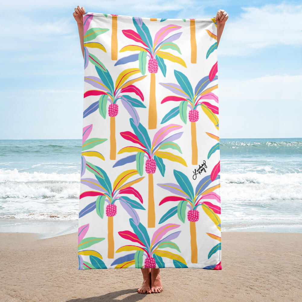 Pastel colorful retro palm trees illustration on a colorful beach towel, fun summer accessory. Bachelorette gift, Florida decor, and statement fashion accessory.